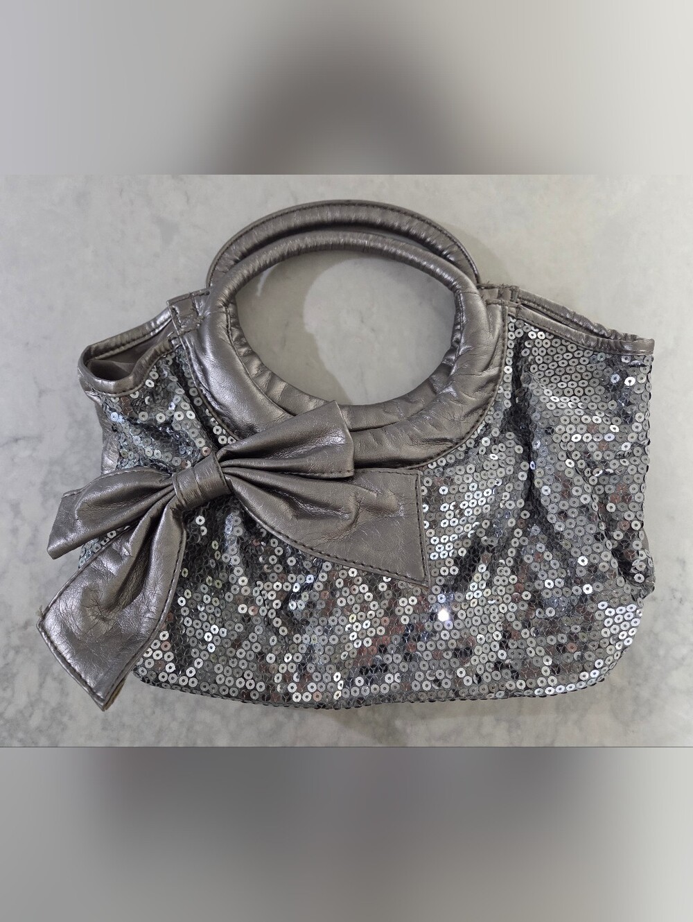 Sequined Gray Bow Handle Women's Handbag